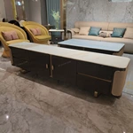 White Marble-Top TV Stand with Woven Leather Sides and Dark Glossy Frame